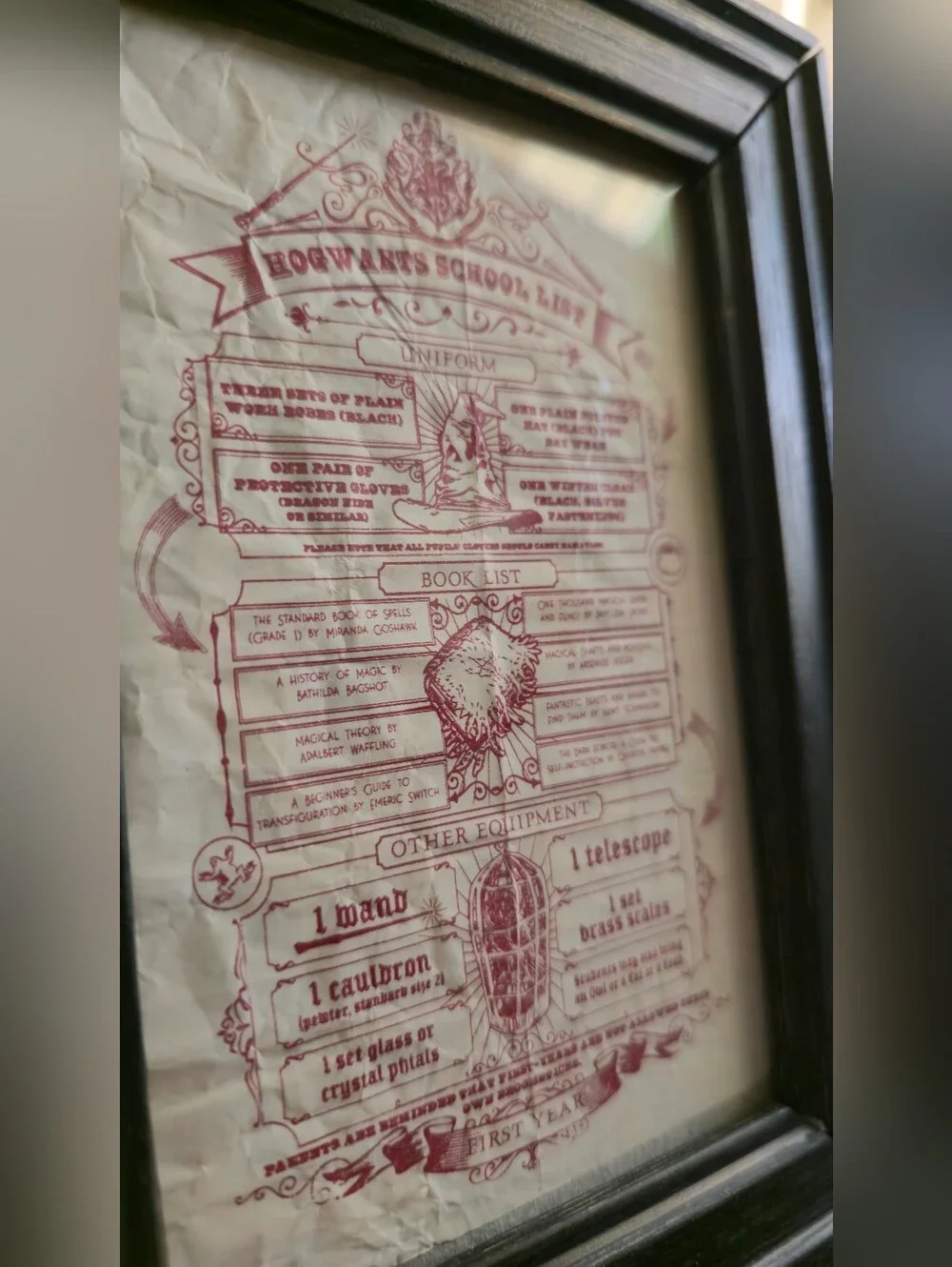 Framed Hogwartz School Supply List Black Wood Picture Frame
